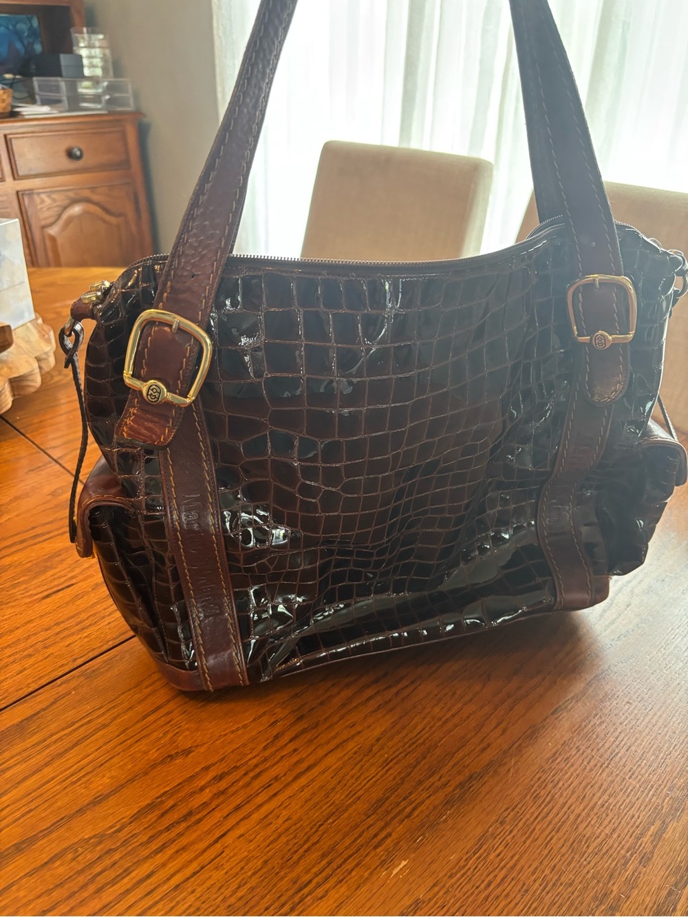 Marino orlandi handbag purse tote crocodile embossed brown patent leather gold - Picture 4 of 14